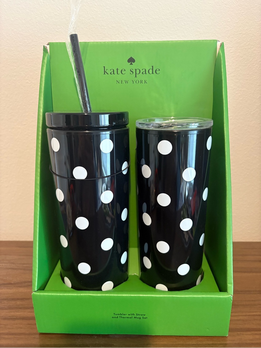 KATE SPADE Set Black Polka Dot 20oz Tumbler w/ Straw & 16 oz Thermal Mug New